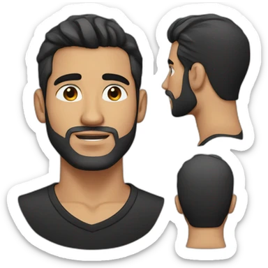 25 year old Hispanic man with a beard and thick eyebrows light skin, black shirt and side fades and a comb over sticker