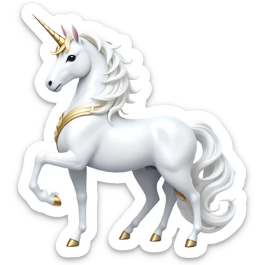 cinematic-beautiful-white-unicorn-full body-emoji,-poised-and-regal,-with-a-slender,-ethereal-form-draped-in-a-pristine-white-color,-a-flowing-mane-and-tail,-and-a-glistening,-spiraled-horn-that-radiates-pure-light,-simplified-yet-sharp-and-majestic, zoomed out to show a majestic unicorn sticker