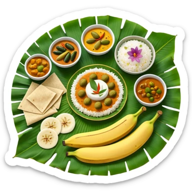 Kerala Sadhya traditional South Indian feast served on a banana leaf with rice, curries, pickles, papadam, and payasam, vibrant and festive, top-down view sticker