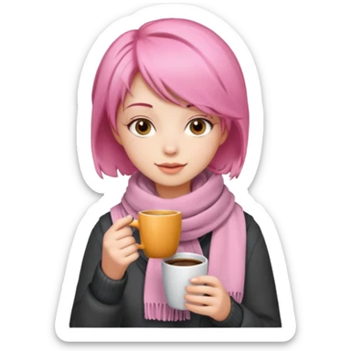 a girl with pink short layer hair, having scarf,  drink coffee, enjoy sticker
