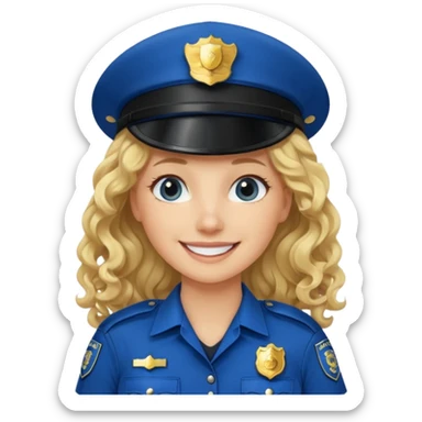 Female POLICE IN blue, long blonde curly hair, happy smile sticker