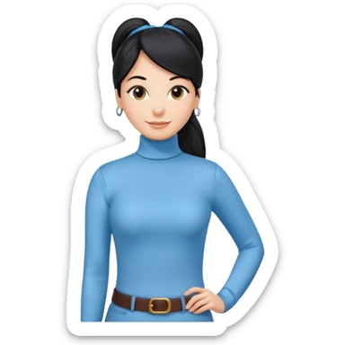 cewe ramah Kulit putih bersih, rambut hitam panjang sleek lurus, diikat half ponytail. Pakai atasan biru muda turtleneck. Pose tangan di pinggang, tatapan senyum percaya diri. sticker