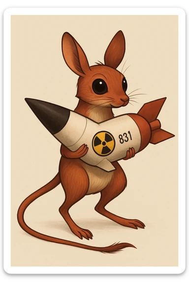 Сгенерируй красного тушканчика с ядерной бомбой в руках как на изображении. У тушканчика длинный хвост. На однородном фоне sticker