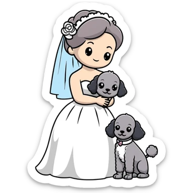 beautiful girl in a wedding dress hugging a small gray poodle sticker