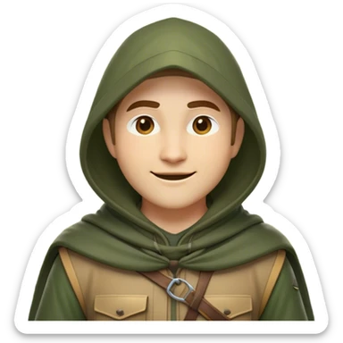 Clash of Clans aesthetic Cheerful Ranger Portrait Emoji, With a bright, confident expression and an alert, relaxed stance, showcasing a streamlined, rugged build in natural tones with a hood and cloak blending with the forest, his face in natural skin tone, Simplified yet expressive features, highly detailed, glowing with a soft, luminous woodland radiance, high shine, upbeat and brave, stylized with an air of classic forest heroism, soft glowing outline, capturing the essence of a cheerful ranger ready to embark on epic woodland quests! sticker