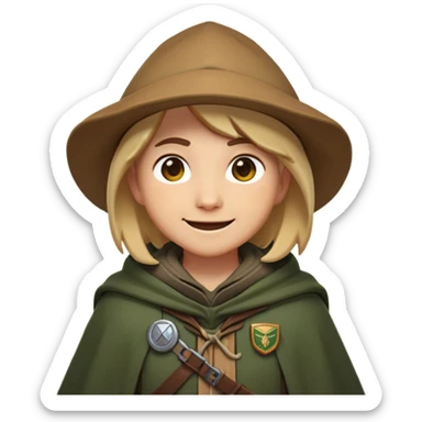 Clash of Clans aesthetic Playful Ranger Portrait Emoji, Head tilted with a friendly, mischievous smile and bright, curious eyes, featuring a compact, nimble build outfitted in rugged, earthy gear and a stylish cloak, his natural skin tone adding authenticity, Simplified yet irresistibly charming features, highly detailed, glowing with a warm, inviting forest glow, high shine, spirited and lively, stylized with an air of whimsical woodland adventure, soft glowing outline, capturing the essence of a playful ranger exuding friendly natural charm! sticker