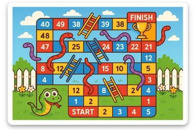 Create a colorful rectangular board game path in the classic "Snakes and Ladders" style. The path consists of 50 numbered squares arranged in a winding pattern across 4–5 horizontal rows. The path starts in the bottom-left corner with a cheerful cartoon snake's face and the word "START", and ends in the top-right corner with a trophy icon and the word "FINISH". Include several snakes that slide the player down (curvy red or purple snakes with playful expressions) and ladders that move the player up (brightly colored ladders with blue or yellow rungs). Some squares are colored differently (e.g. red, blue, yellow) to indicate special actions. The background is bright and fun, with a blue sky, white clouds, green grass, and a picket fence with flowers. Style: digital cartoon illustration with bold lines, vibrant colors, and a joyful, child-friendly atmosphere. The entire board should be playful, engaging, and suitable for kids aged 5–10. sticker