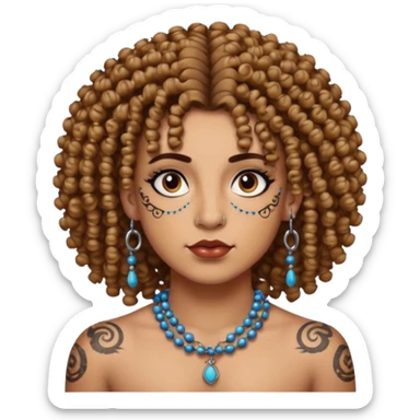 curly haired and heavy face tattoed person with a unique face and style, beads in hair sticker