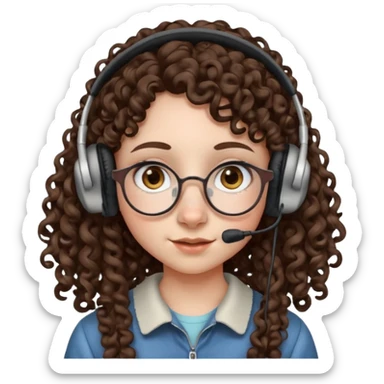 brunette kid with unique face features and very curly long hair kid girl neutral and very big nose and ears and dark eyes with freckles kind of nerd looking and headphone wearing no glassess just nose piercing very big one sticker