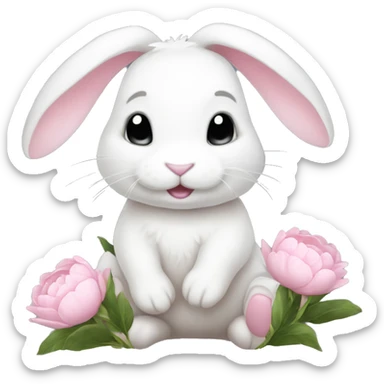 cute white bunny holding light pink peonies sticker