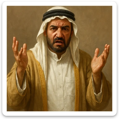 Сгенерируй араба в национальном  костюме, он чуть недоволен и размахивает руками, в стиле реалистичной живописи. . На однородном фоне sticker