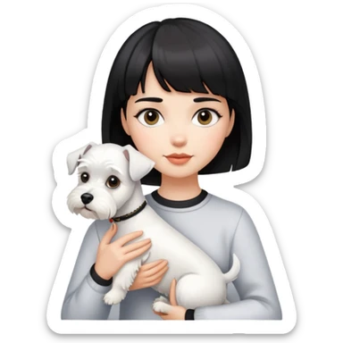 Girl with short black hair and bangs holding a white schnauzer dog sticker