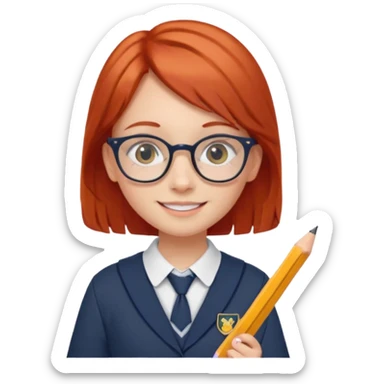 red long hair girl kid with glasses → holding a pencil with school uniform sticker