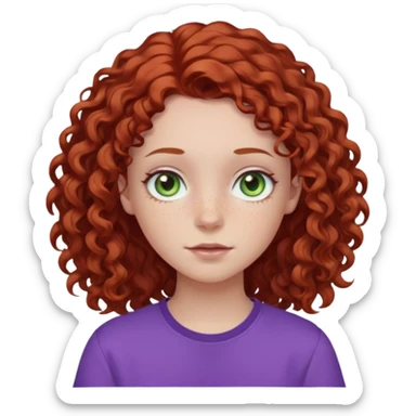 pale white teen girl with light blueish green eyes and freckles with brownish red curly middle part hair and purple shirt sticker