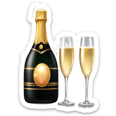 Realistic sparkling diamond glam black bottle of New Years champagne with glass next to it filled withchampagne with two lit sparkler fireworks in the glass with the champagne  sticker