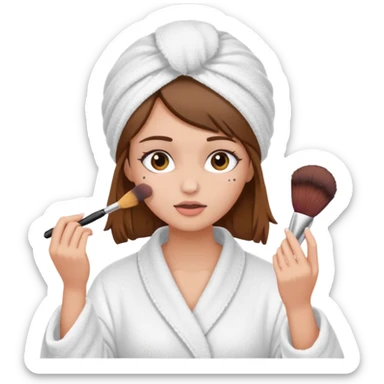 Girl with brown hair in white dressing gown and white towel wrapped in her head doing her makeup sticker