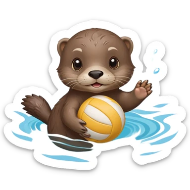 super cute baby otter floating on clearly visible blue water with waves, tiny baby otter with big eyes holding a volleyball with both small paws above water sticker