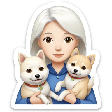 A white-haired woman holding a white Labrador and a white Shiba Inu sticker