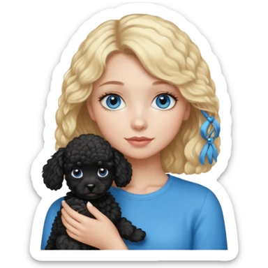 blonde girl with blue eyes holding black puppy poodle sticker