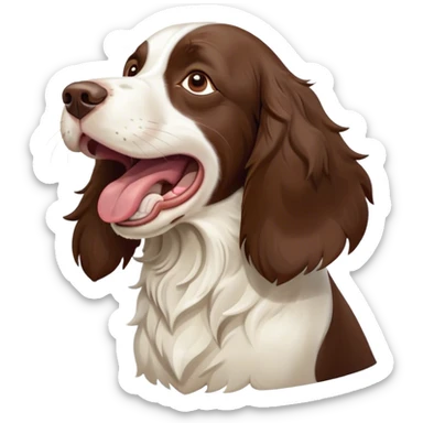 Cinematic Cute Yawning Springer Spaniel Portrait Emoji, Head tilted slightly with a dramatic, wide-open yawn, showcasing a smooth Fur of liver and white with crisp markings, floppy ears slightly drooping, round brown eyes barely open in drowsy contentment, Simplified yet irresistibly adorable features, highly detailed, glowing with a soft, cozy glow, high shine, relaxed yet expressive, stylized with a touch of whimsy, bright and endearing, soft glowing outline, capturing the essence of a sleepy yet affectionate companion, so drowsy it feels like it could stretch right out of the screen and curl up for a nap! sticker