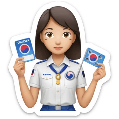 A young Asian guide holding her tour license in both hands, wearing a white shirt with the South Korea badge on her chest. sticker