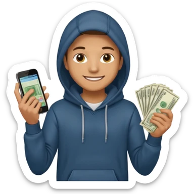 miling young entrepreneur in a hoodie, holding a stack of cash in one hand and a phone in the other, clean emoji style, soft lighting, simple background sticker