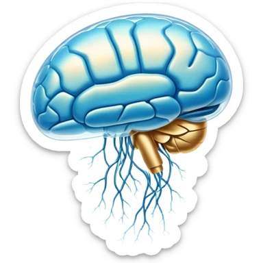 Shimmering pearlescent blue capsule floating in the foreground with an ethereal, glowing brain positioned behind it. Golden neural connections illuminate the brain. A small liver symbol nearby, all surrounded by a mystical aura of mental clarity sticker