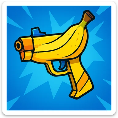 banana pistol in Fortnite style, vibrant colors, playful and dynamic, cartoonish proportions, energetic pose, bold outlines, fun and action-packed vibe sticker