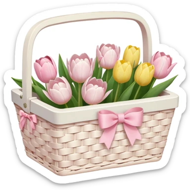 A white Picnic basket with light pink bow, white peonie, tulips sticker