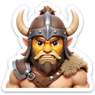 Clash of Clans style: Cinematic Fierce Barbarian Portrait Emoji, Poised and bold with a rugged, cartoonish build in tattered furs and a whimsical horned helmet, bright expressive eyes and a confident smirk, Simplified yet dynamic features, highly detailed, glowing with a vivid, adventurous aura, high shine, heroic and spirited, stylized with an air of medieval warrior charm, focused and energetic, soft glowing outline, capturing the essence of a fearless barbarian adventurer ready to lead his clan with spirited valor! sticker
