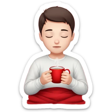 A European boy is sitting comfortably under a blanket, wrapped in a red blanket, drinking tea with his eyes closed. sticker