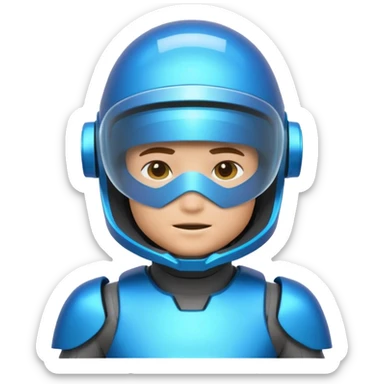 “Futuristic Roblox boy emoji, 2050 style. Blue neon visor, cyber helmet, metallic skin glow, hologram lines, tech-suit with glowing seams, soft neon background.” sticker