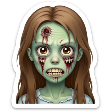 Girl zombie with brown long hair with teeth and serious face IOS style sticker