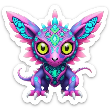 Tropical futuristic lush warm-colored colorful neon-colored cyber-Fakémon-Digimon-Trico-creature sticker