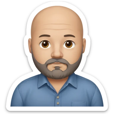 Mid-30s Bald chubby professional man with bushy black and grey beard, wearing a button down shirt sticker