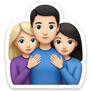 3 people. Throuple. Blank woman with blond hair and blue eye color on left. And also a blank man with black hair and grey eye color in the middle. And a blank woman with brown hair and grey eye color on the right. Holding each other  sticker