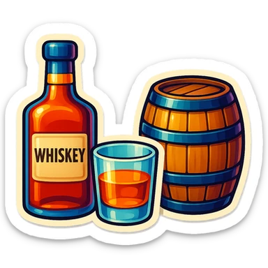A whiskey tasting set including a bottle, glass, and barrel, with a cohesive vintage design sticker