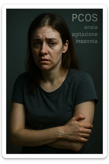 vertical realistic cinematic image of a woman with PCOS, anxiety, agitation, and insomnia evident in face and posture. Clinical dramatic lighting, Italian captions, aspect ratio 2:3 sticker