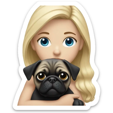 Girl with blonde hair and blue eyes holding a black pug sticker