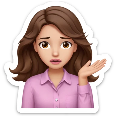 girl with wavy long brown hair, brown eyes, light to medium complexion, long lashes, light pink lipstick, wearing light pink shirt, shrugging with both hands, confused sticker