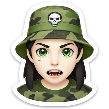Vampire wearing a camo styled bucket hat. Green eyes. Dark hair. Two little fangs out the sides of mouth  sticker