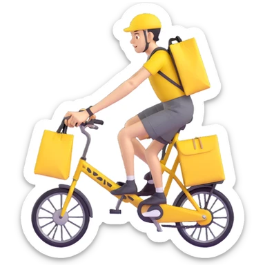 A courier on a yellow bicycle, wearing yellow and black clothes rides from left to right. On the back of the courier is a yellow food delivery bag sticker