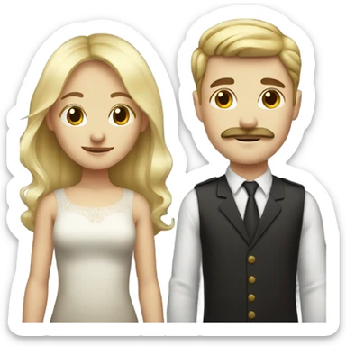 Blonde girl with dark brown haired white boy with mustache sticker