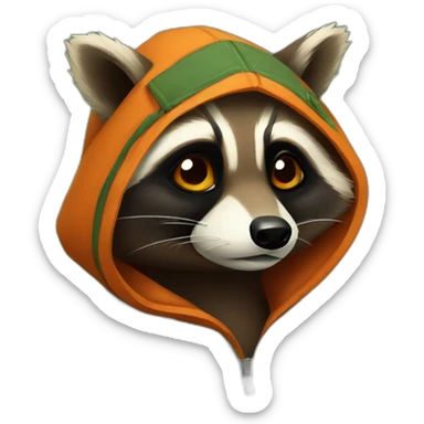 brown raccoon with orange eyes and a dark green hood that is sad sticker