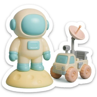 Add a detailed moon rover next to the vinyl figure style astronaut standing on the moon, keep the lunar surface details and original style sticker