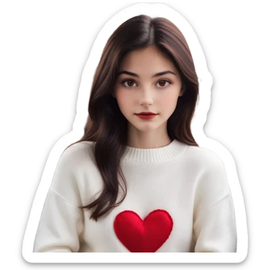 Ini foto seorang perempuan dengan rambut panjang berwarna coklat gelap, memakai sweater putih dengan detail hati merah di bagian bawah. Dia memiliki ekspresi wajah yang natural dan sedikit datar, dengan riasan minimal yang menonjolkan kecantikan alaminya. Pencahayaan dalam foto terlihat lembut, dan latar belakangnya menunjukkan bagian dalam mobil dengan suasana jalanan kota di luar jendela. Foto ini memiliki nuansa kasual dan estetik.
 sticker