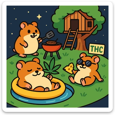Discord server icon, 512x512 px, square format, summer pool cookout scene with up to 3 hamsters playing and relaxing, weed leaf, cheese, and THC theme, near a treehouse, in space. Flat toon style, more saturated colors, bold outlines, nostalgic, fun, inviting, summer party vibe, clear composition, crisp details, designed to look good even at tiny size. sticker
