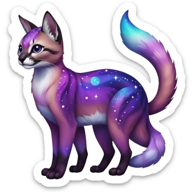 Colorful black-violet-indigo-purple-gradients nebulae nebula starry galactical shiny white-stars-spotted glorious iridescent divine exotic beautiful realistic caracal-civet-sergal-oncilla-animal-Fakémon-hybrid-fursona (full body) sticker