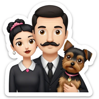 Tall pale guy with dark hair mustache goatee, and short woman with black hair bun, and a yorkshire terrier dog sticker