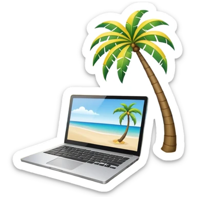 A minimalist emoji-style icon representing workation: An open laptop in the foreground on the beach. Background shows sea, sun, and a palm tree. No people, no text, clean and simple design like an emoji. sticker